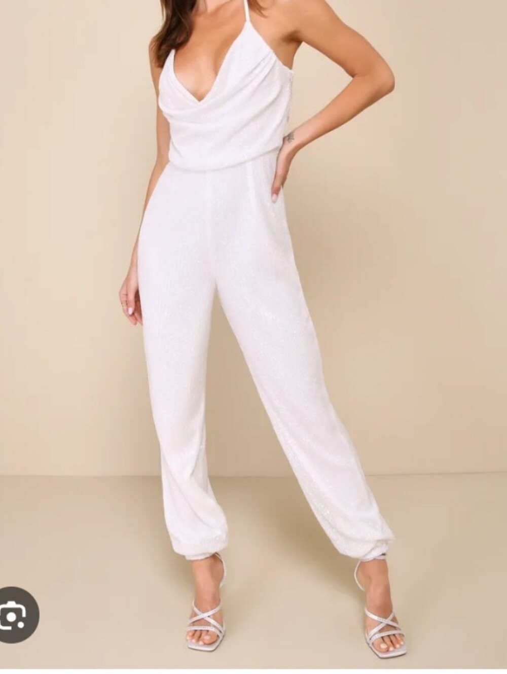 Lulu's White Sequin Cowl Neck Jumpsuit